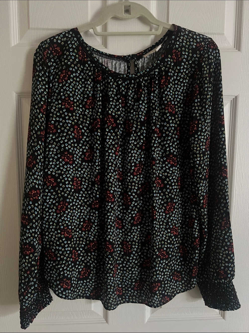 Loft Women’s Black Floral Long-Sleeve Blouse - Red & Light Blue Print